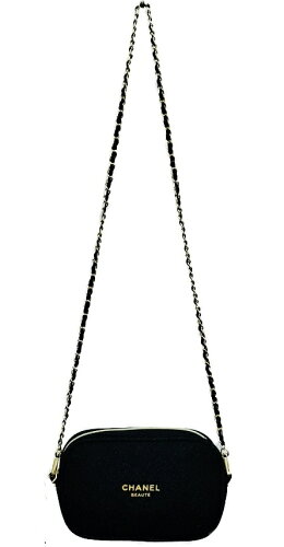 CHANEL NOVELTY シャネル ロゴ入化粧ポーチ Dカン CCロゴ入りファスナーショルダーストラップ 約118cm～(社外品・取外し可能) 斜め掛け可能ノベルティー ポリエステル製ブラック（ラメ入）×ゴールド