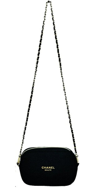 CHANEL NOVELTY シャネル ロゴ入化粧ポーチ Dカン CCロゴ入りファスナーショルダーストラップ 約118cm～(社外品・取外し可能) 斜め掛け可能ノベルティー ポリエステル製ブラック（ラメ入）×ゴールド