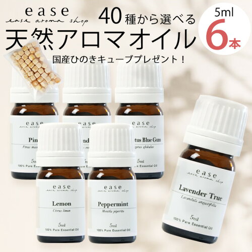 ＼1,000円ポッキリ＆すぐ使える！国産ひのきキューブ付き★6/11 01:59まで／アロマオイル AEAJ認定 40種から選べる6本 各5ml 精油 返品保証付 送料無料 100%ピュア エッセンシャルオイル セット アロマ 加湿器 オーガニック お試し ラベンダー オレンジ 天然