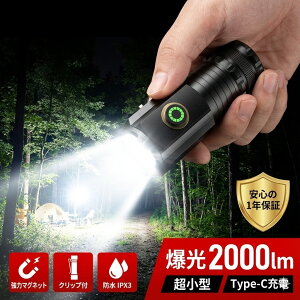 懐中電灯 LED 強力 充電式 最強 2000lm 小型 ハンディライト ミニ懐中電灯 COB作業灯 マグネット付 クリップ付 5つ照明モード 1500mAh 軽量 85g Type-C充電式 IPX3防水 合金 軍用 防災グッズ 停電対策 地震 登山 夜釣り 散歩 アウトドア キャンプ 自動車整備