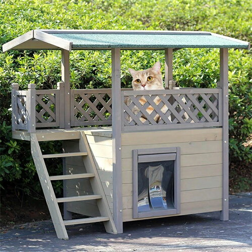 屋外用野良猫シェルタ 木製で耐候性に優れている 猫の家 2階建て、ドアカーテン付き キャットハウス 防寒 防水 屋外用 ハウス 猫